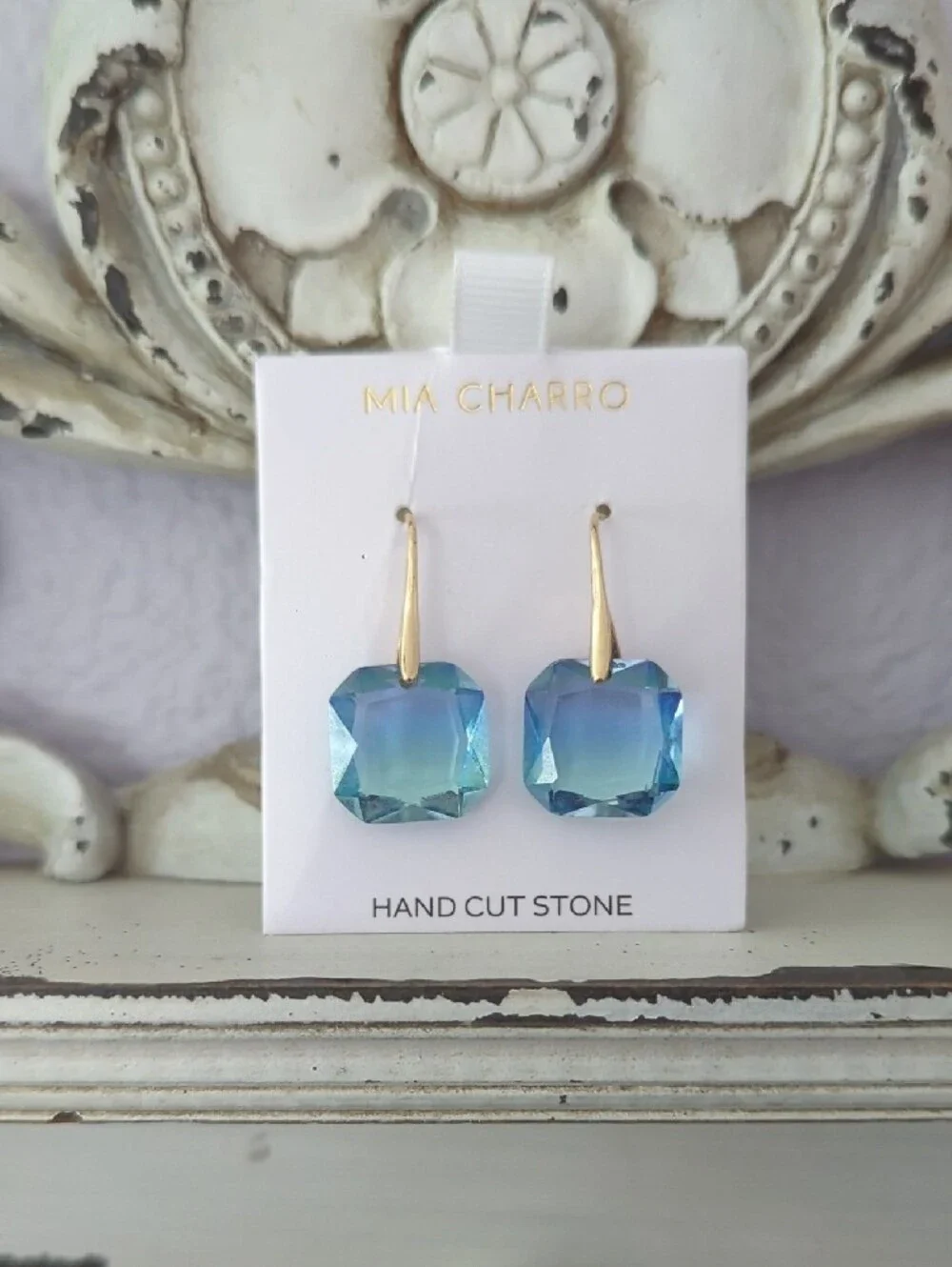 Blue Green Ombre Stone Crystal Drop Earrings Gold Tone Hooks